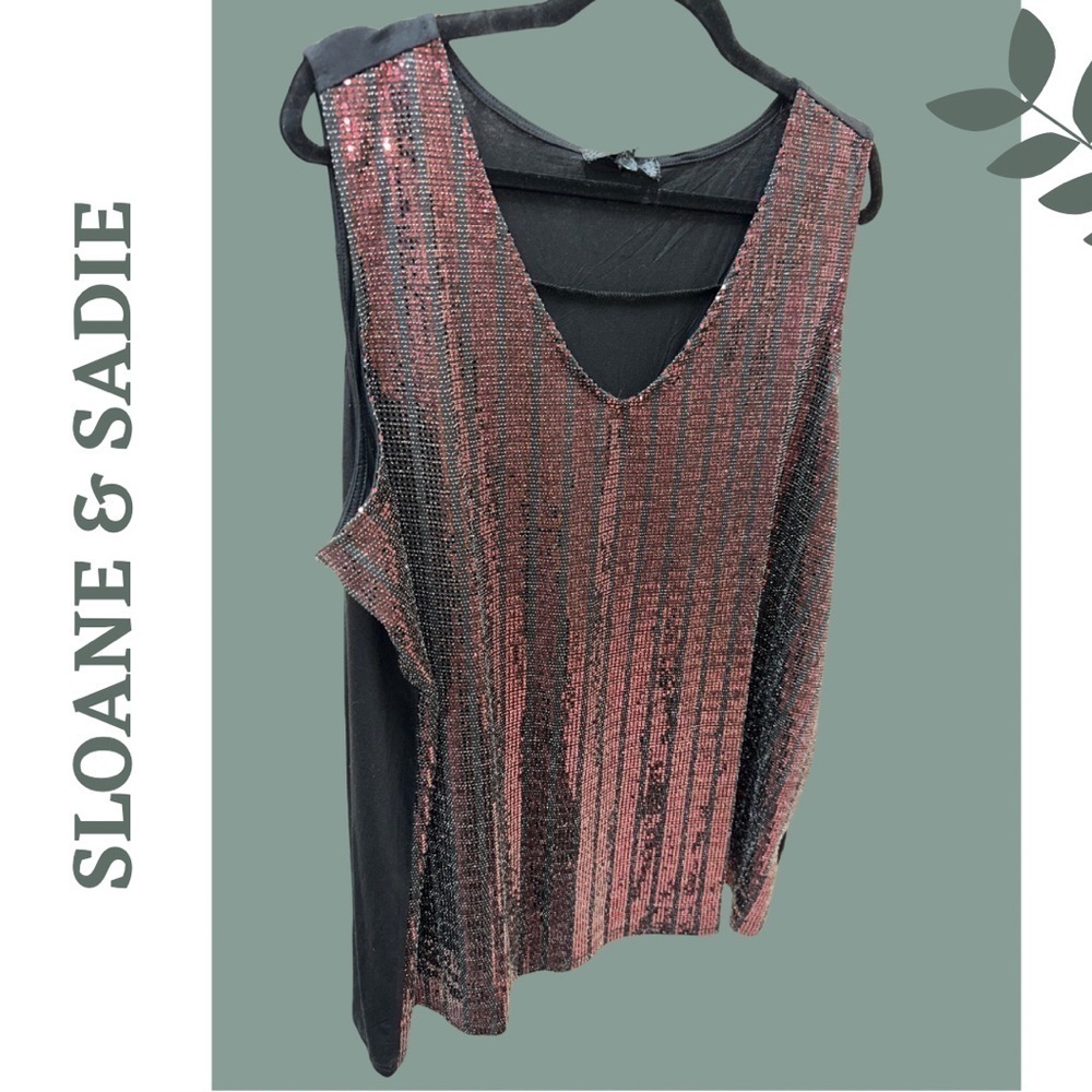 🛍️ Sloane & Sadie Black and Red Sequin Sleeveless Knit Top V Neck 3X - Picture 3 of 6